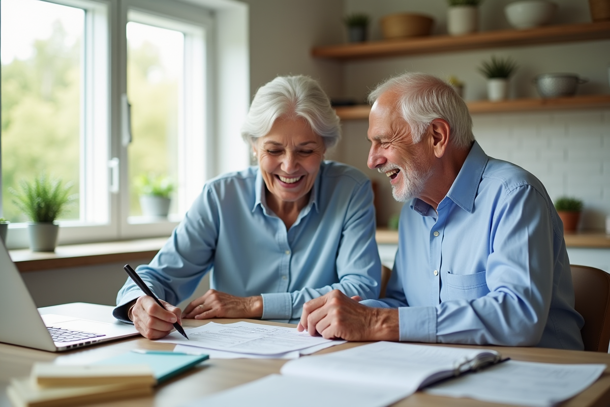 Couple âgé souriant en révisant des documents de retraite