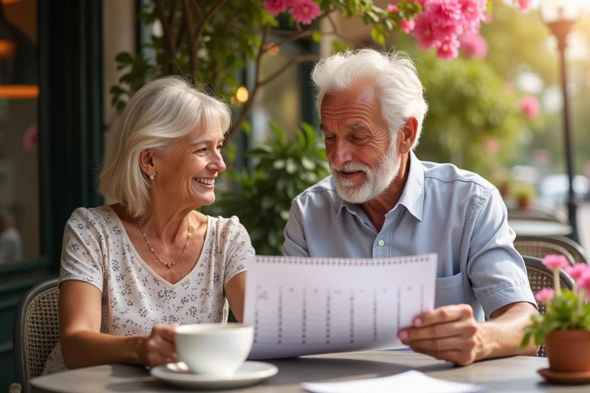 Couple senior souriant discutant autour d un café en terrasse