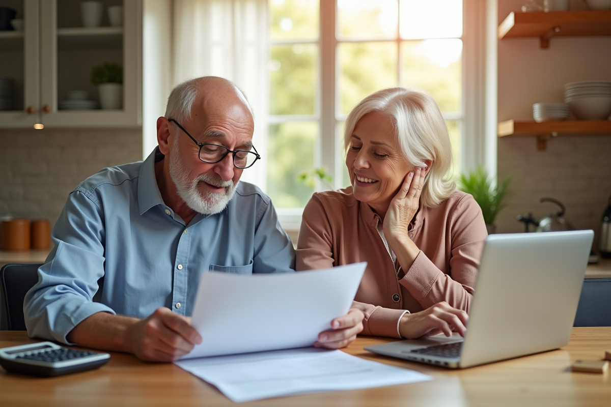 Couple senior heureux planifiant sa retraite à la maison