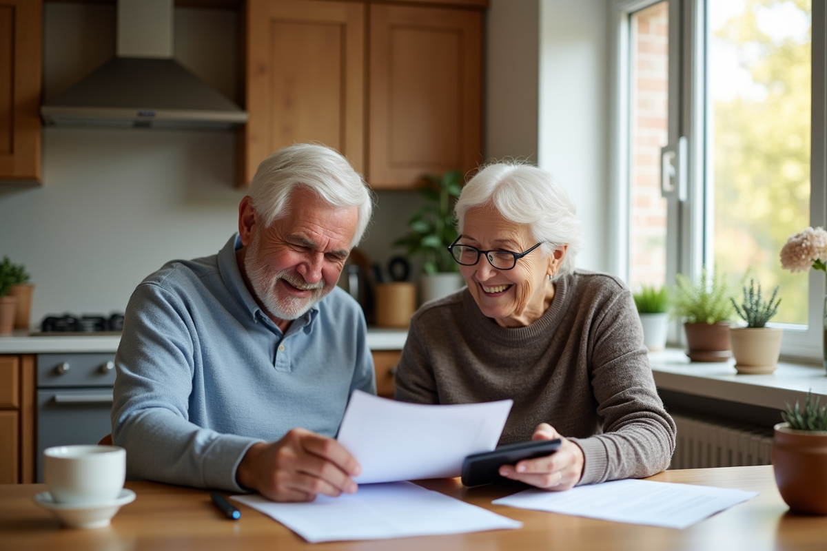 Couple senior souriant revoyant leurs documents de pension