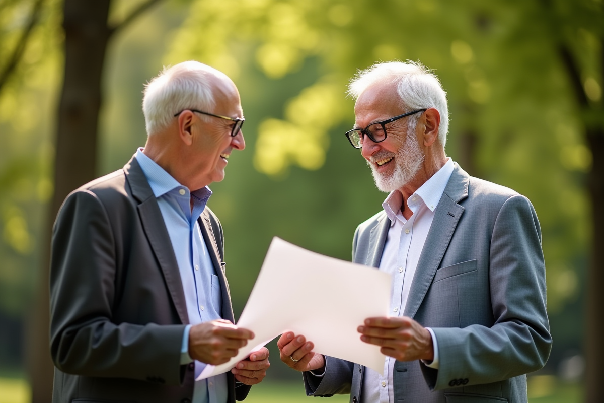 Deux retraités discutant de documents bancaires en plein air