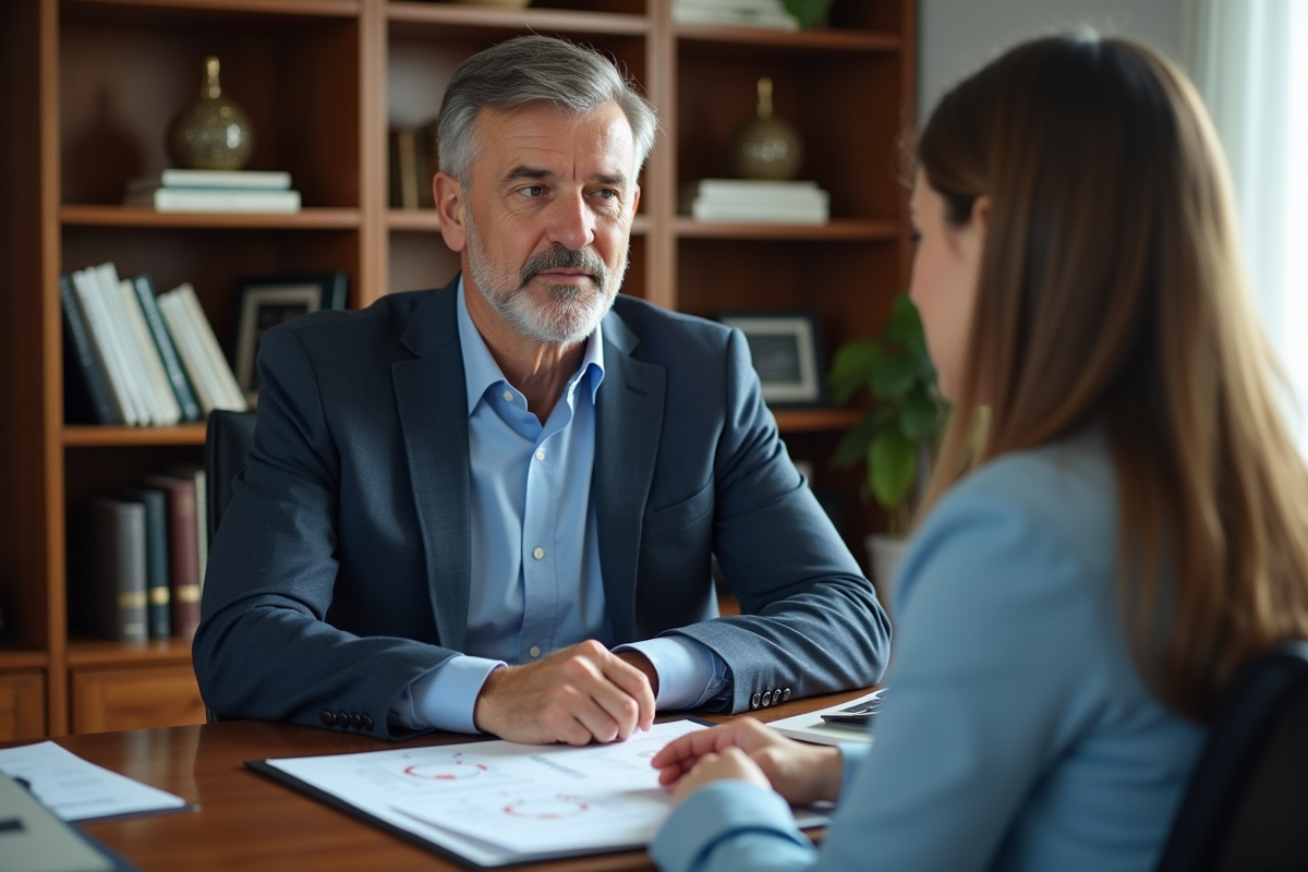 Homme et conseiller discutant d un contrat obsèques en bureau