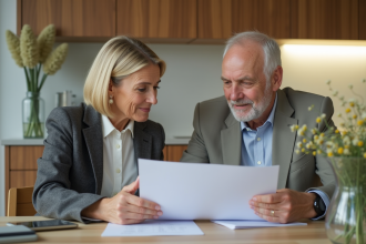 Femme d'âge moyen et homme âgé discutant de documents dans une cuisine moderne