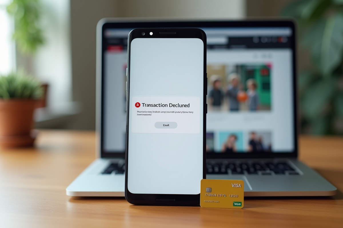 Smartphone avec message d'erreur transaction declinee et carte de credit