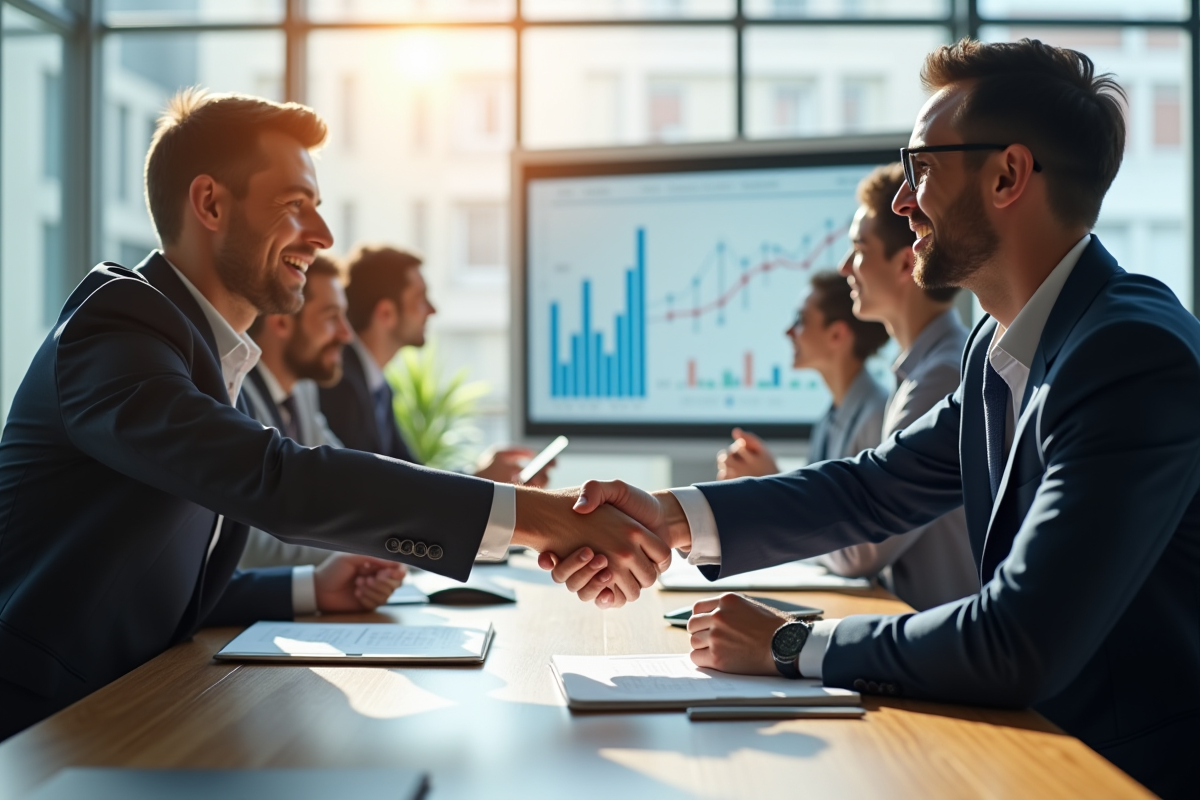 Deux professionnels se serrant la main dans un bureau moderne