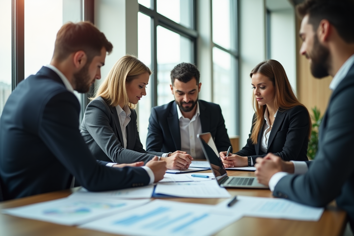 Groupe de professionnels en réunion dans un bureau lumineux