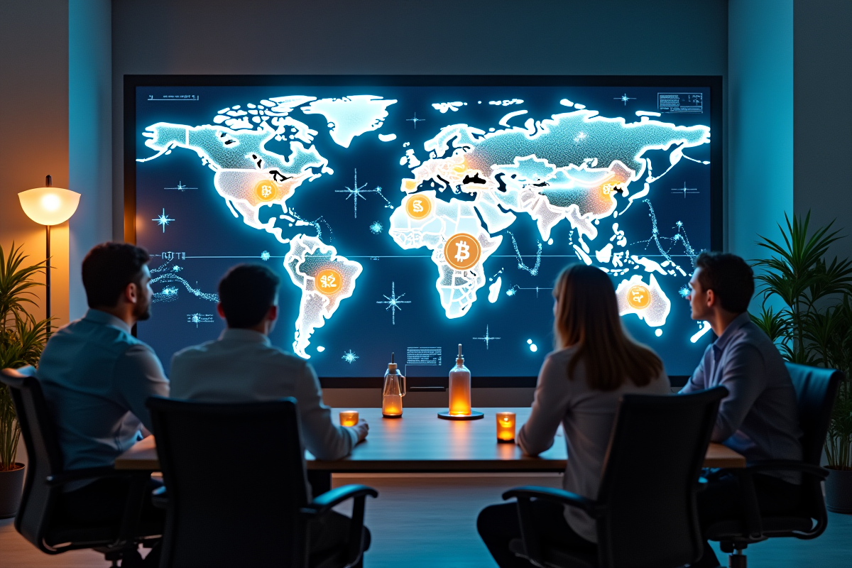 Professionnels discutant autour d une carte mondiale digitale avec bitcoin