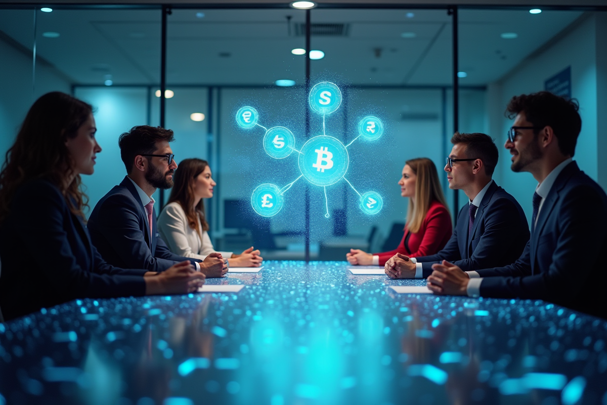 Professionnels discutant des tendances en cryptomonnaie