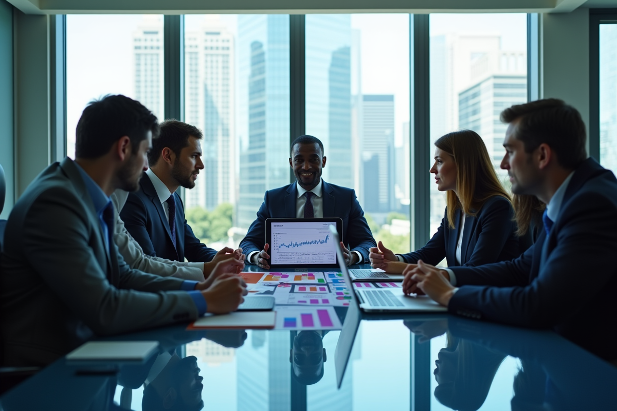 Groupe de professionnels analysant des graphiques financiers dans un bureau lumineux