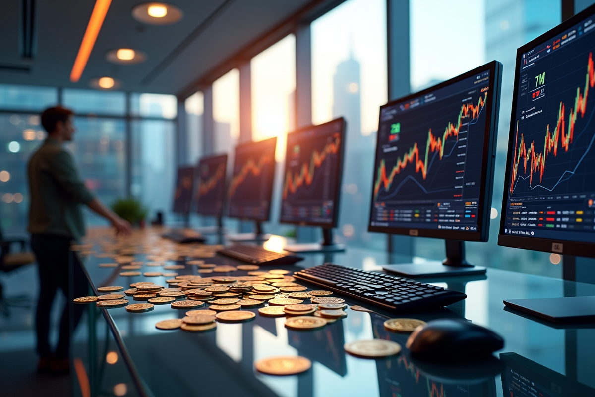 Espace de travail moderne avec écrans affichant des graphiques de cryptomonnaies