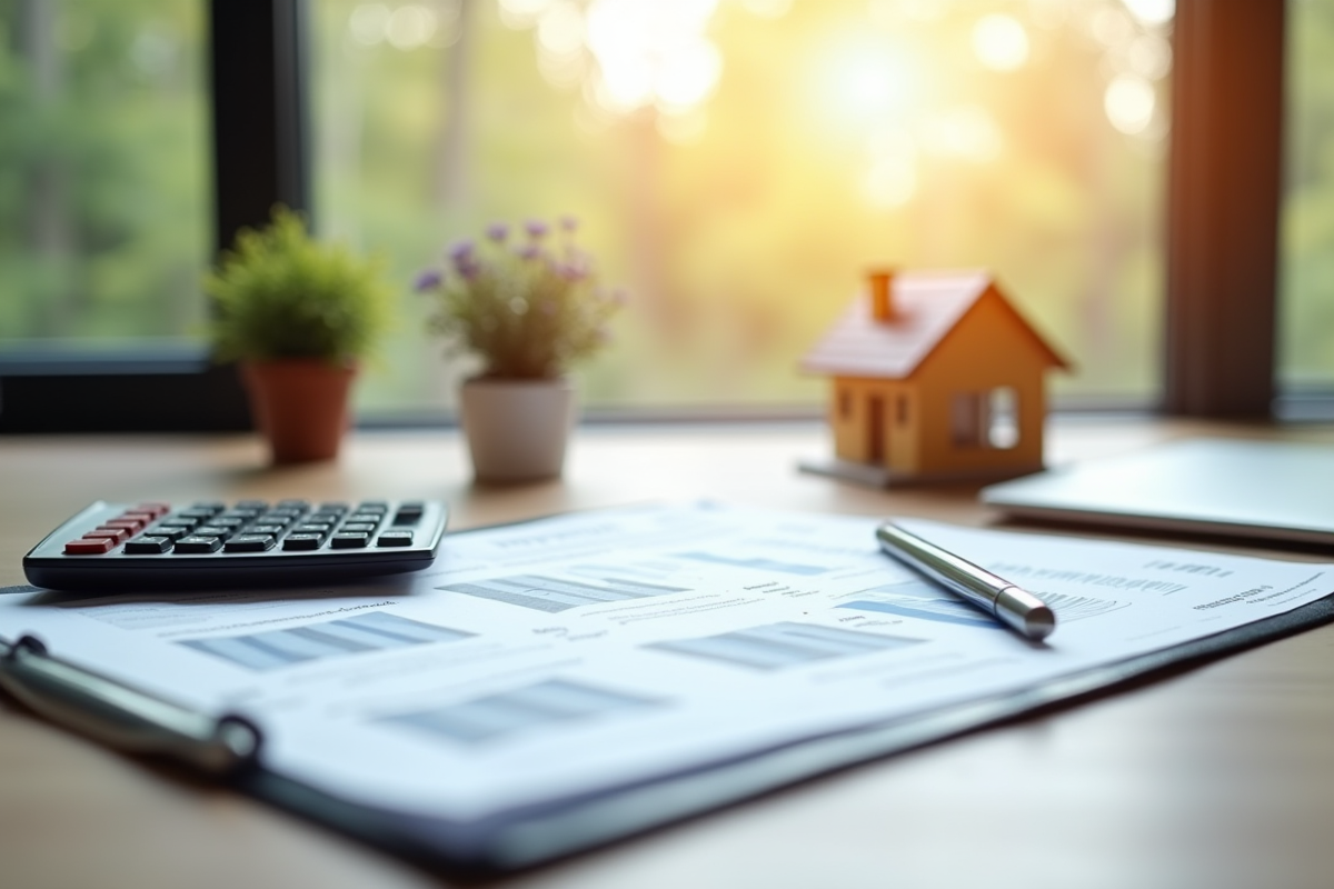 Espace de travail moderne avec documents financiers et maison