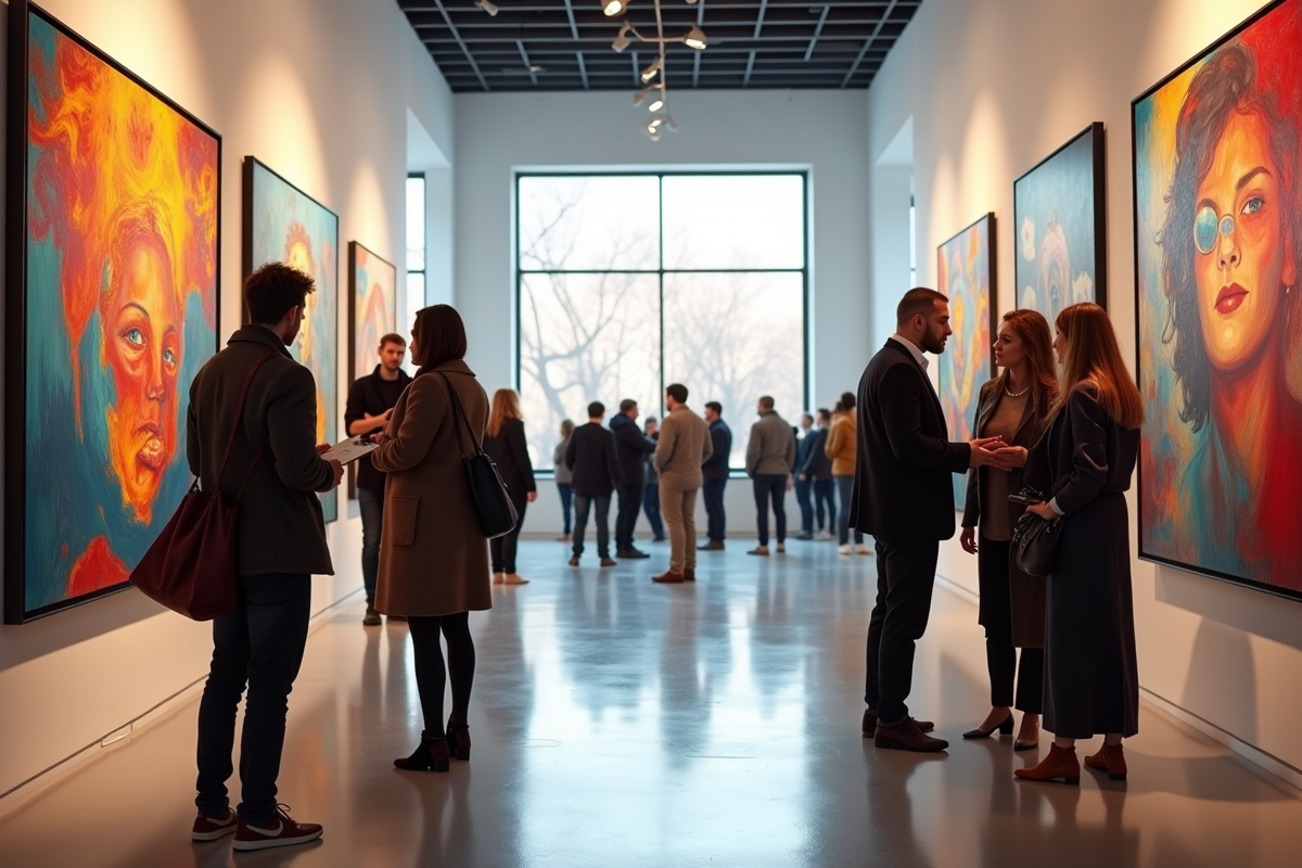 Visiteurs admirant des peintures dans une galerie lumineuse