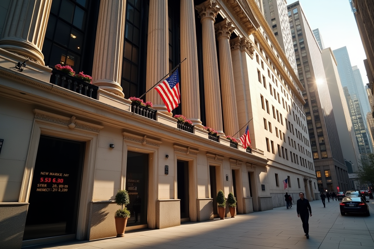 Façade de la Bourse de New York au matin avec reflet du soleil