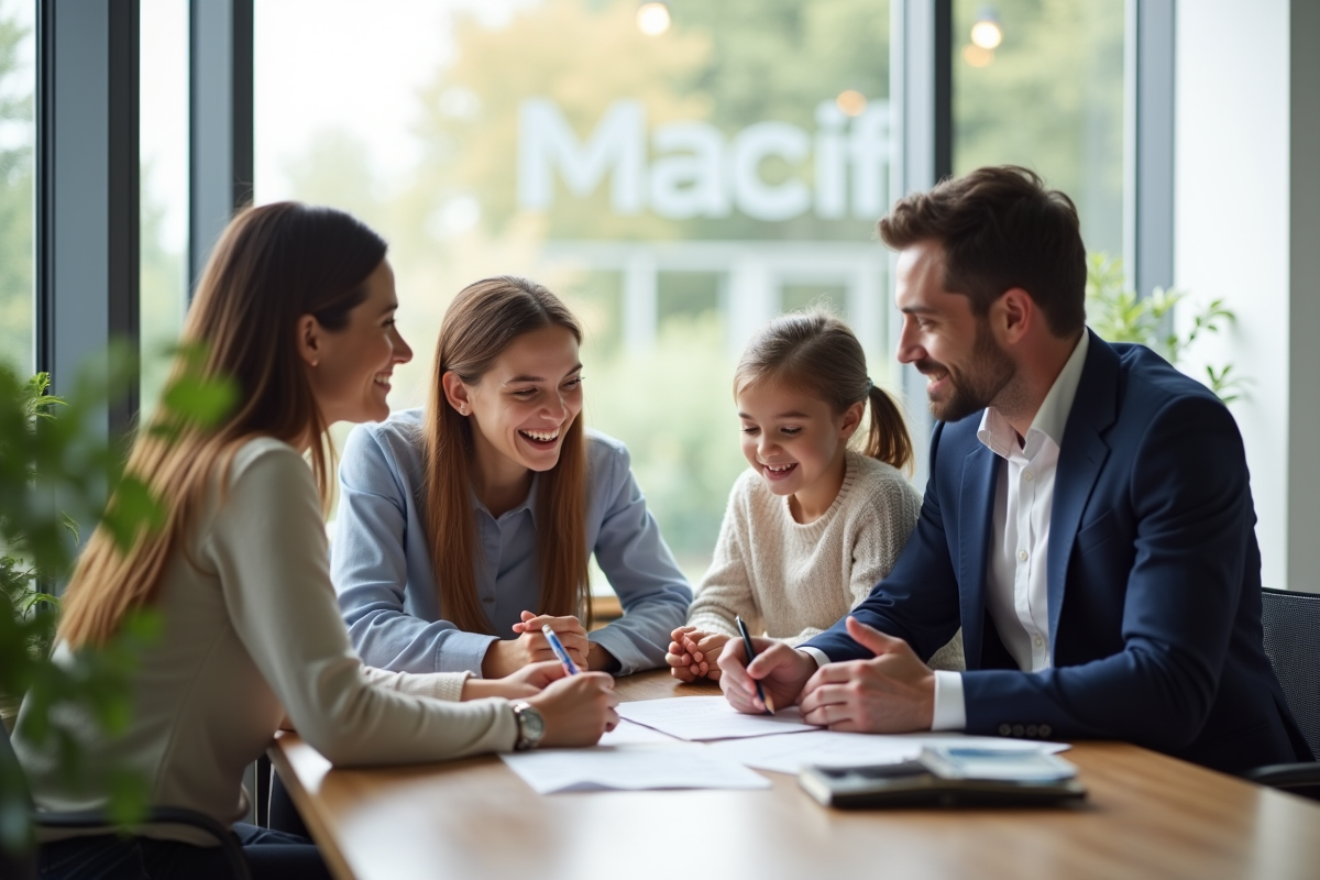 Famille souriante signant des documents avec un conseiller en assurance