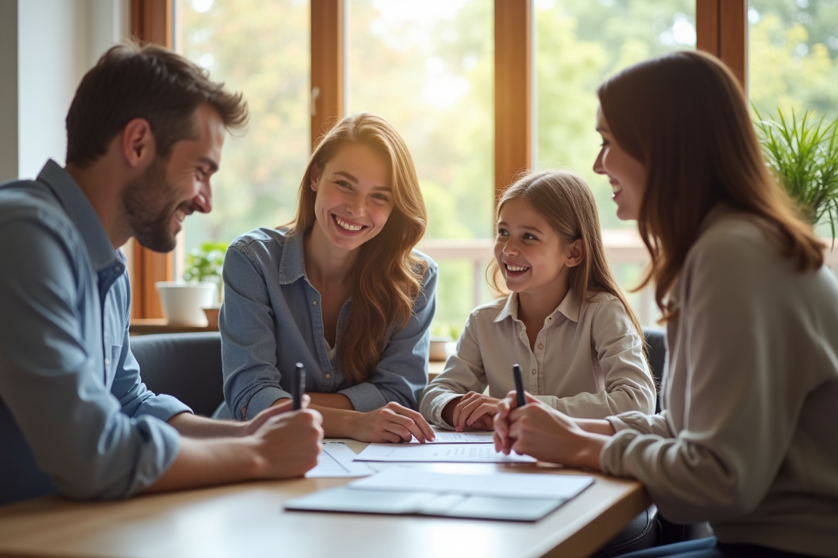 Famille souriante rencontrant un conseiller financier dans un bureau lumineux