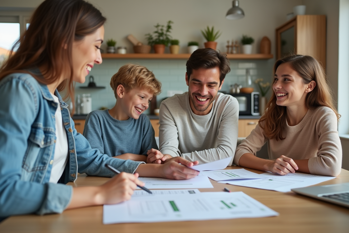 Famille discutant de travaux et finances dans une cuisine lumineuse