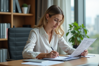 Femme d'affaires dans un bureau moderne en train de lire un relevé financier