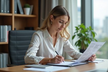 Femme d'affaires dans un bureau moderne en train de lire un relevé financier