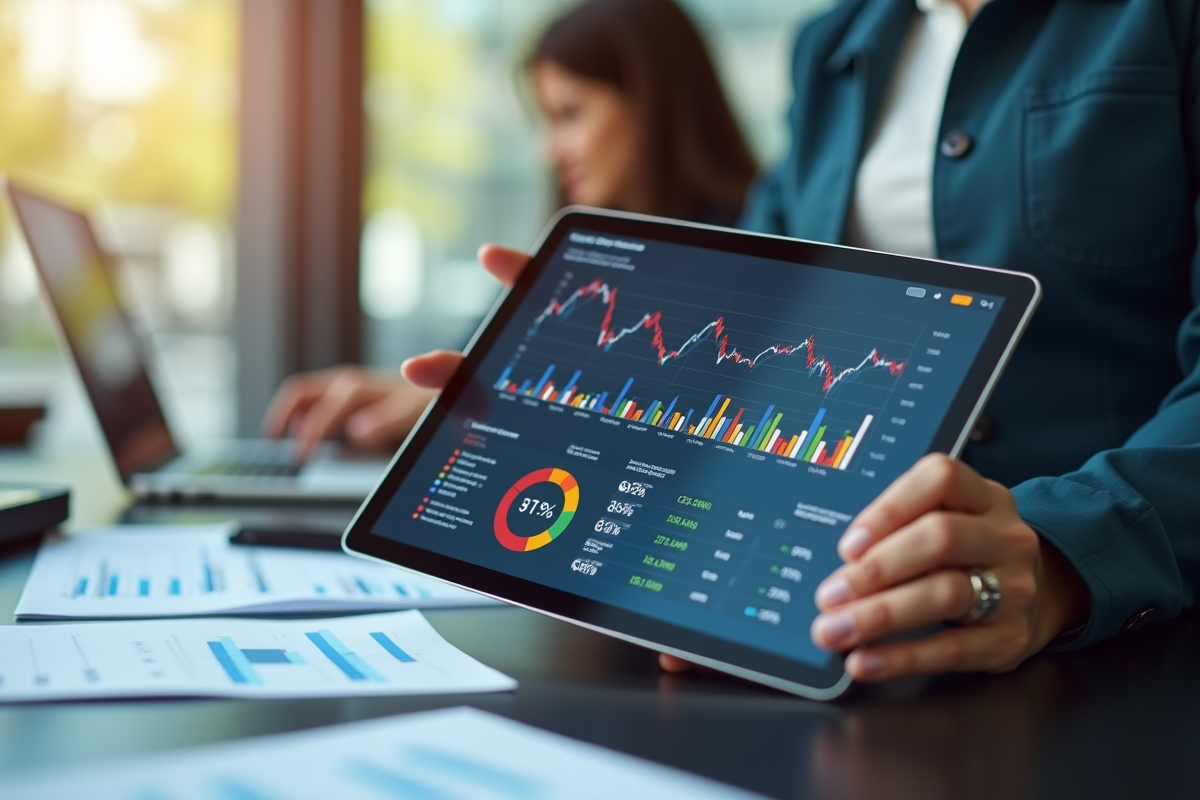 Femme d'affaires analysant des graphiques financiers colorés sur une tablette moderne