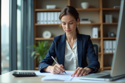 Femme d affaires en bureau examinant documents TVA