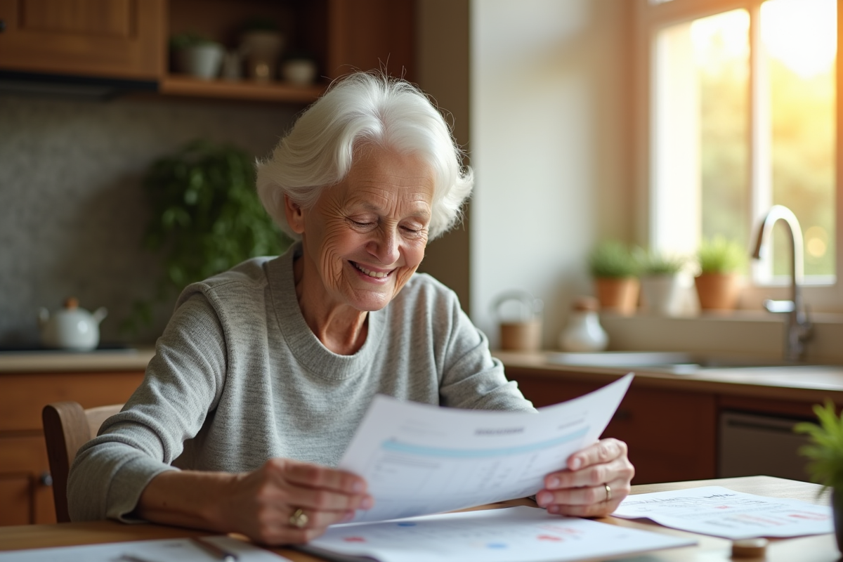 Femme âgée souriante vérifiant ses documents financiers