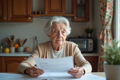 Femme &acirc;g&eacute;e r&eacute;fl&eacute;chissant &agrave; des documents de contrat obs&egrave;ques
