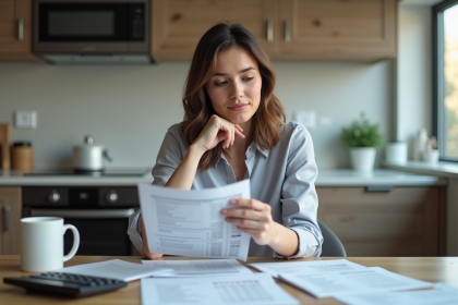 Femme concentrée analysant ses relevés bancaires à la maison