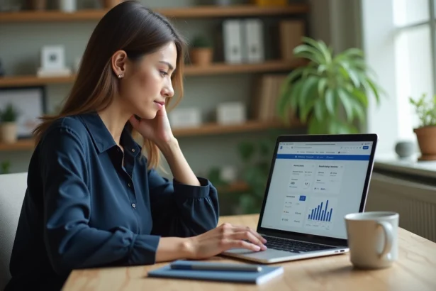 Femme utilisant l'application Crédit Mutuel sur ordinateur portable pour accéder à son espace bancaire en ligne