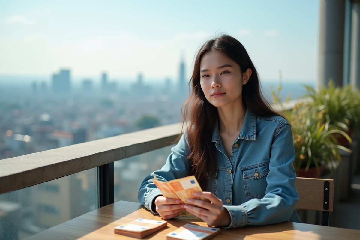 Jeune femme comptant des billets sur un balcon urbain