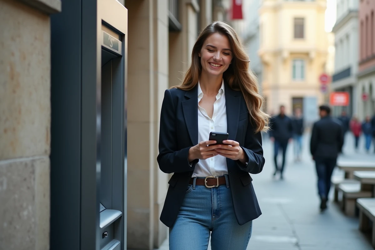 Femme souriante utilisant un ATM en ville