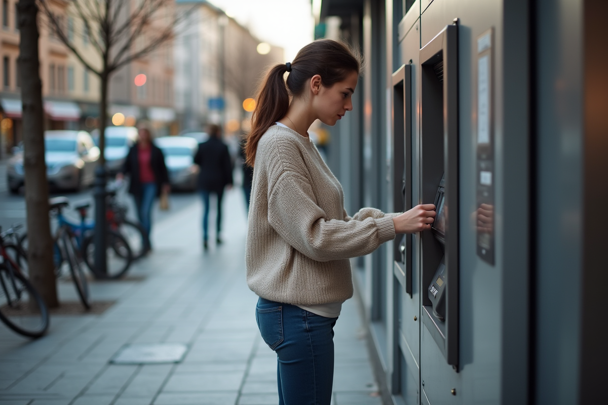 Jeune femme vérifie son solde à un distributeur en ville
