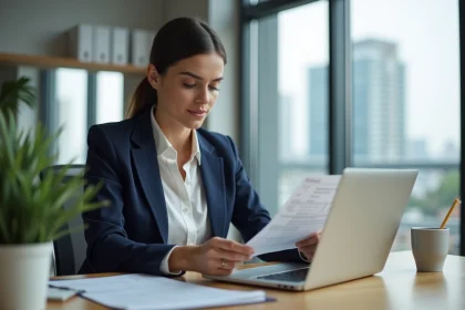 Jeune femme en bureau regardant ses infos bancaires