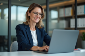 Femme d'affaires utilisant une interface bancaire en ligne