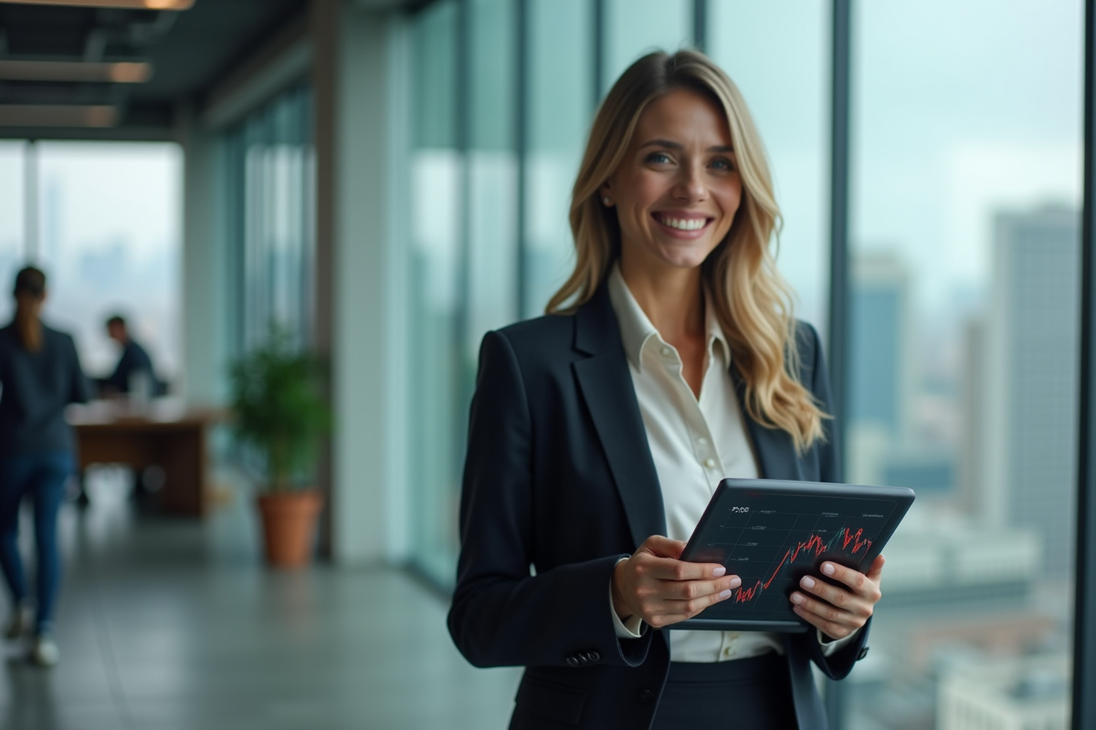 Jeune femme regardant un graphique boursier en ville