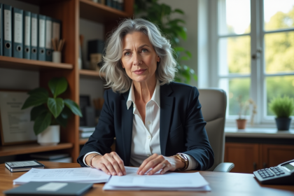 Femme d'âge moyen au bureau avec documents et calculatrice