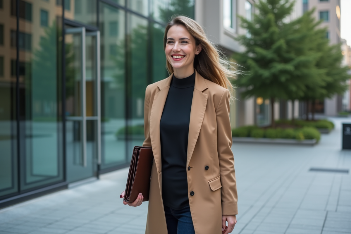 Jeune femme souriante marche dans un quartier d