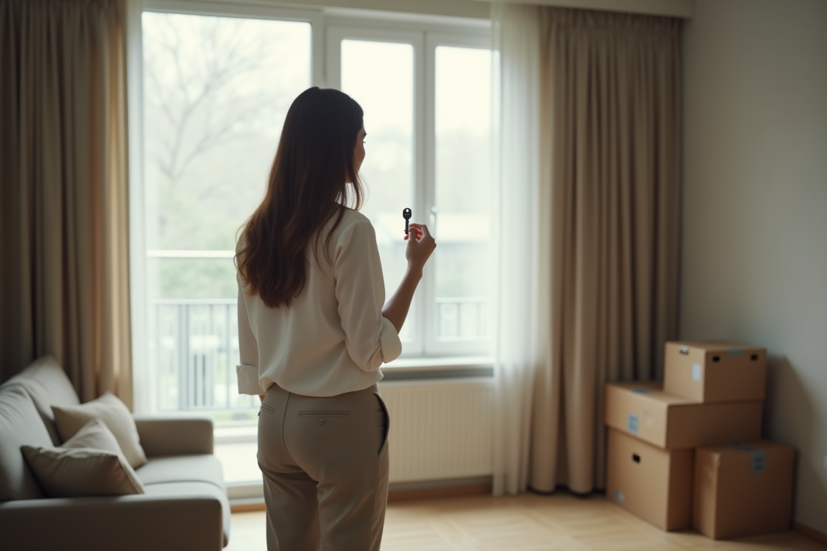 Jeune femme tenant une clé regardant par la fenêtre