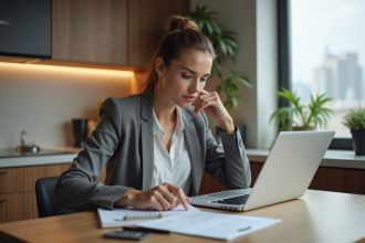 Femme concentrée examinant des documents de prêt immobilier
