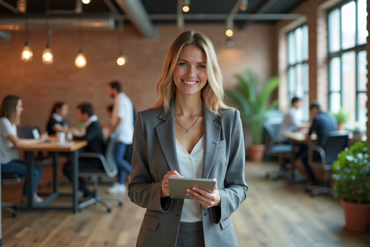 Femme en tailleur tenant une tablette dans un espace de coworking