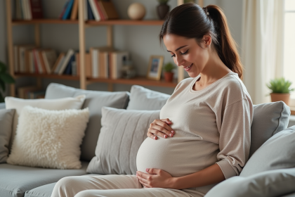 Femme enceinte souriante dans un salon chaleureux