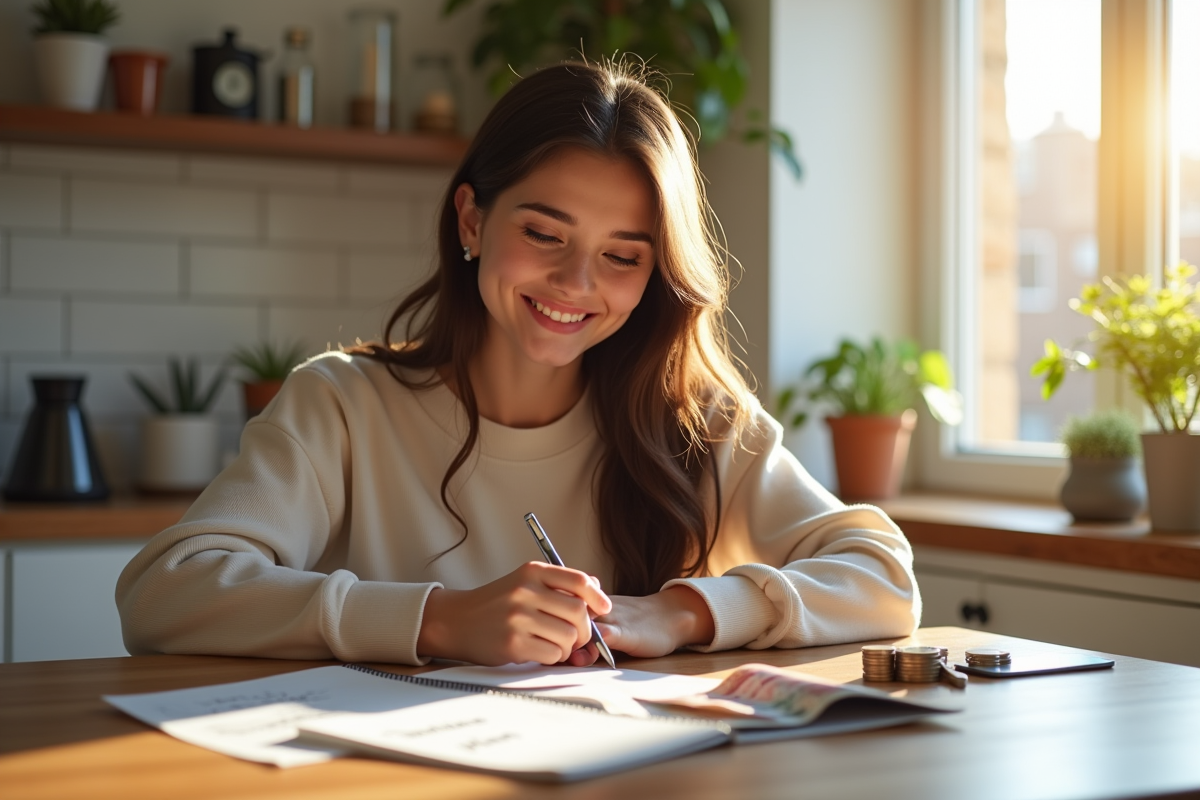 Jeune femme souriante avec des économies sur la table