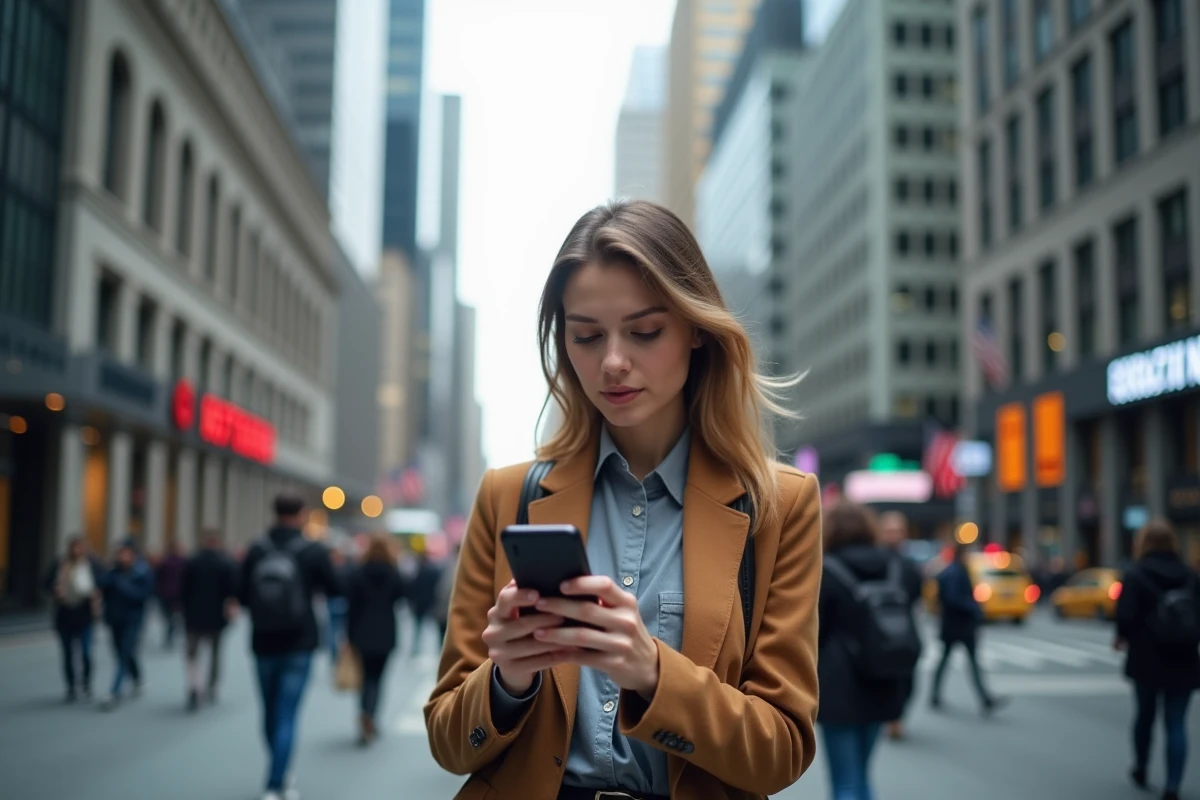 Jeune femme regardant des graphiques boursiers sur son smartphone