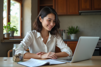 Jeune femme souriante avec ordinateur et pièces de monnaie