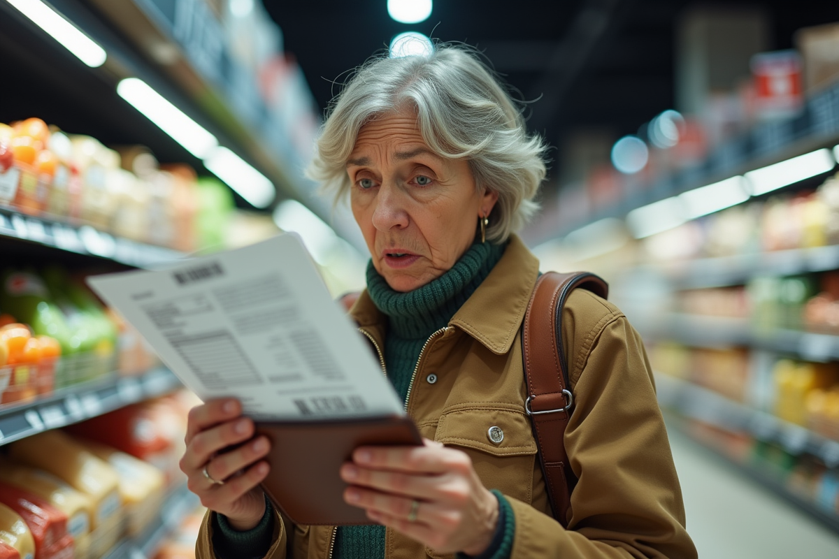 Femme inquiète vérifiant sa facture de courses dans un supermarché
