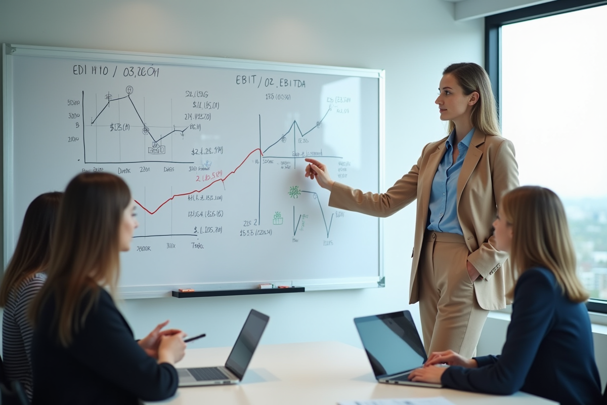 Jeune femme expliquant des chiffres financiers devant un tableau blanc