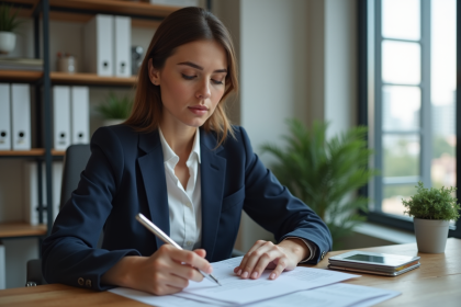 Femme professionnelle examinant des documents de pr&ecirc;t immobilier