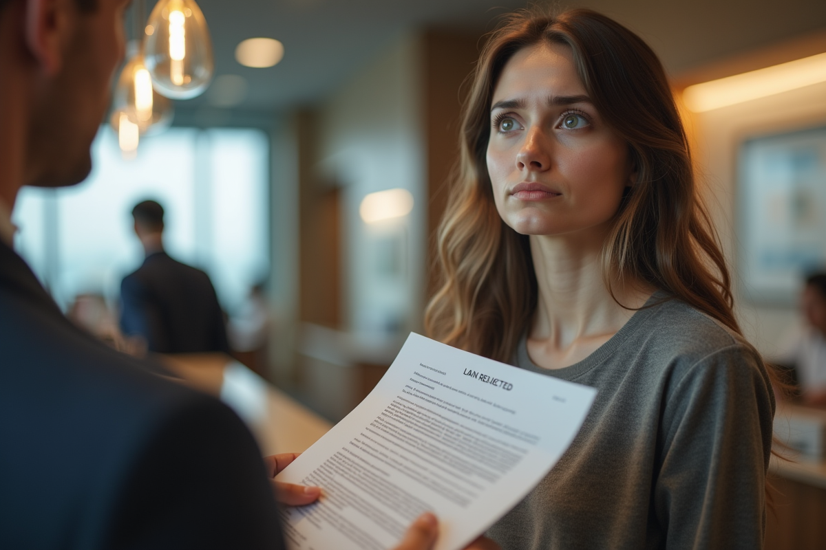 Jeune femme inquiète devant un guichet bancaire avec une lettre de rejet