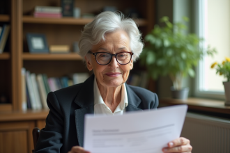 Femme retraitée lisant un document de pension dans son bureau