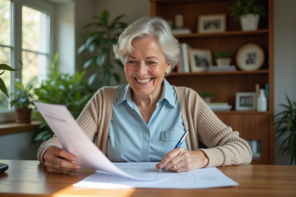 Femme d'âge moyen souriante vérifiant ses comptes bancaires à la maison