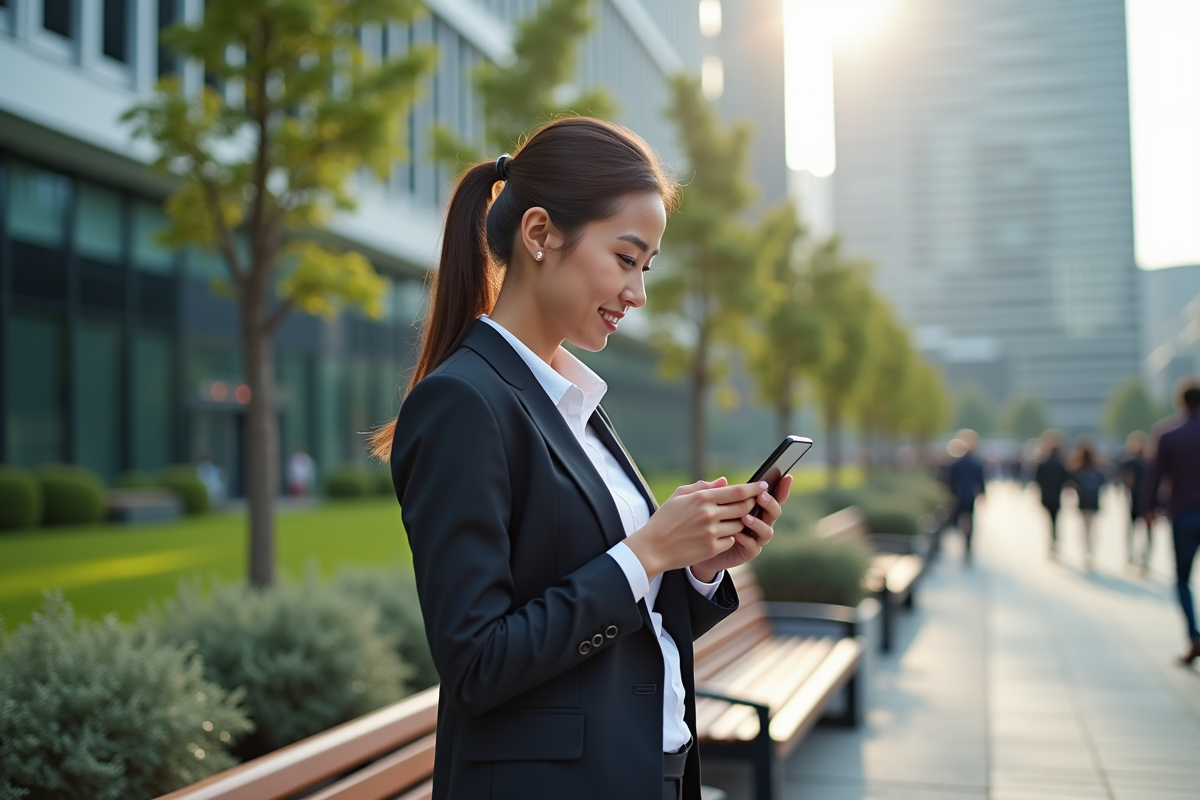 Jeune femme dans un parc vérifiant ses tendances boursières sur smartphone